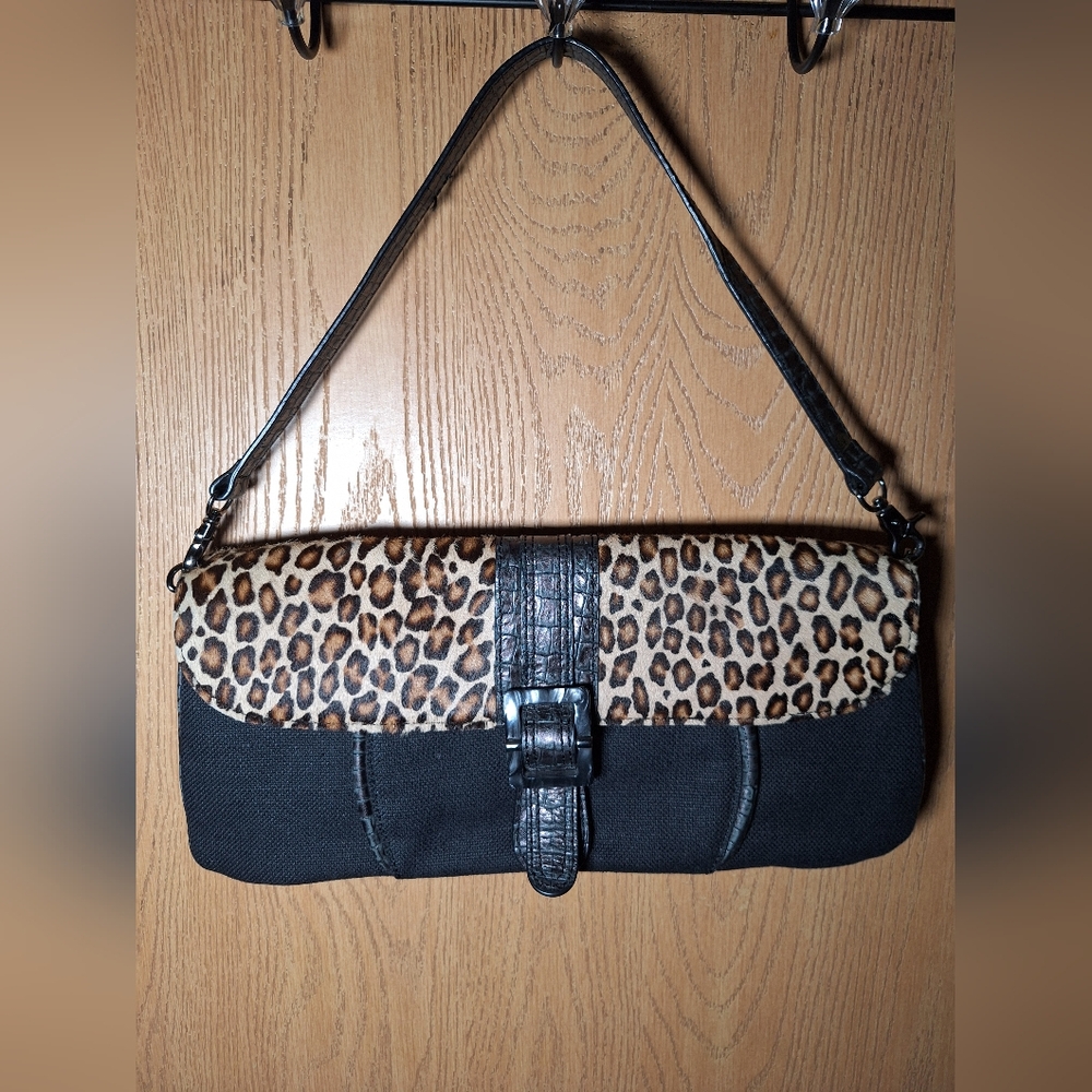 Donald J. Pliner Black Shoulder Bag with Leopard Print Flap - Picture 2 of 12